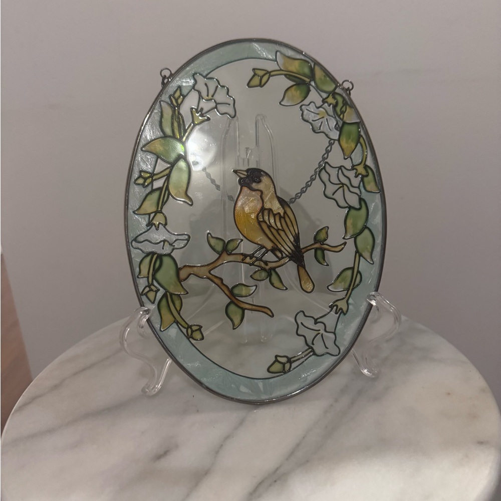 Stained Glass Oval Suncatcher with Yellow Songbird